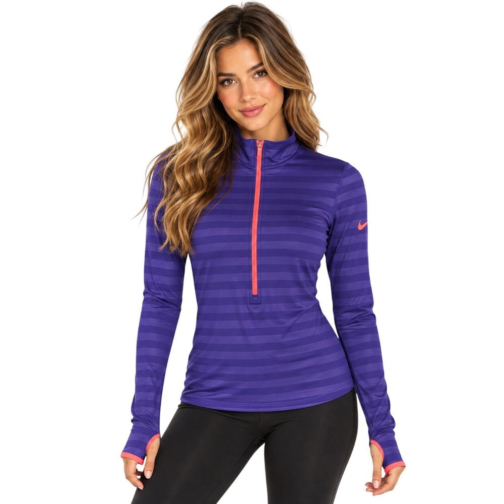 Nike Pro Dri-FIT Half Zip Top Small Purple Stripe Running Thumbhole Athletic